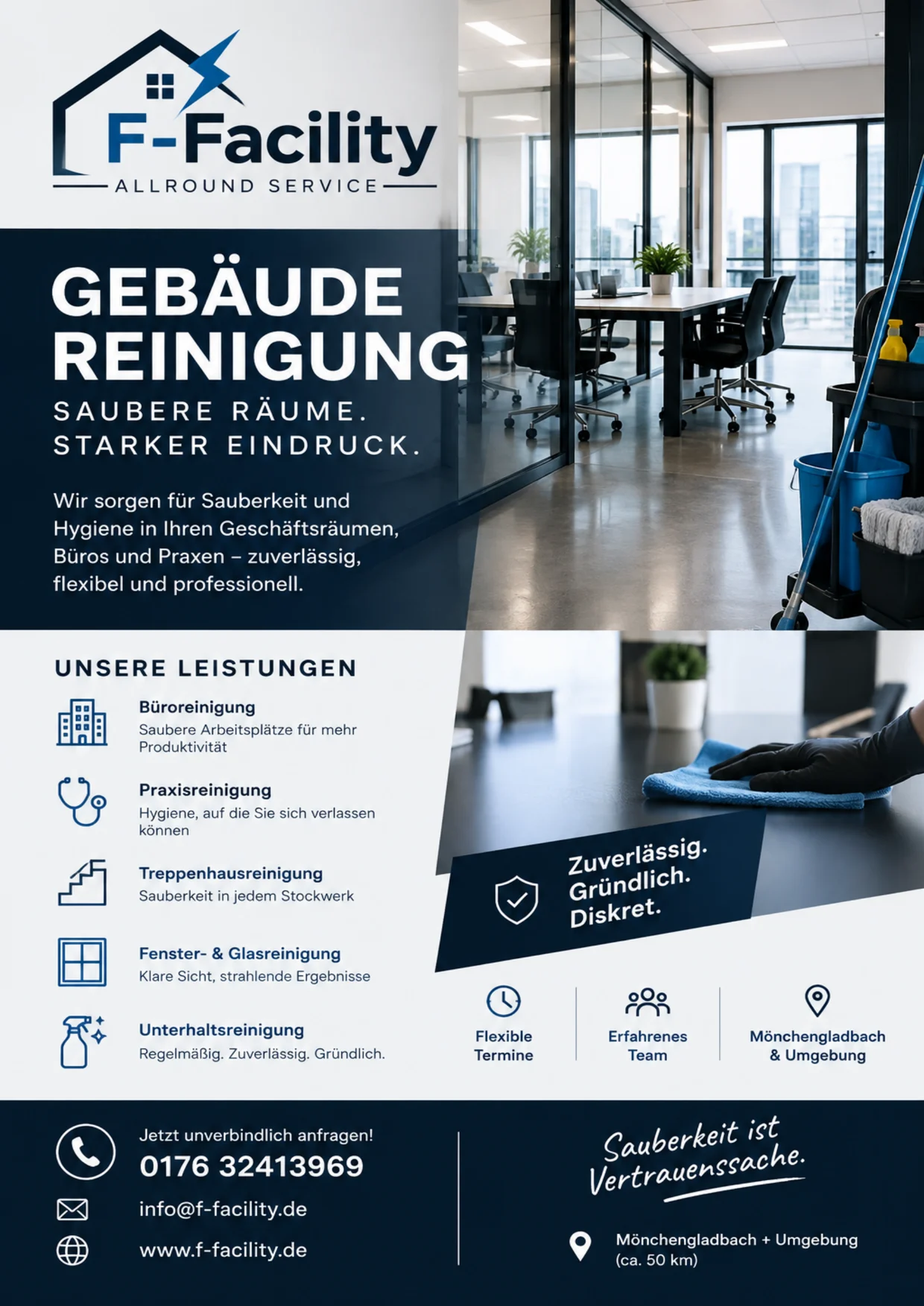 Werbeflyer von F-Facility: Gebäudereinigung für Büros und Praxen